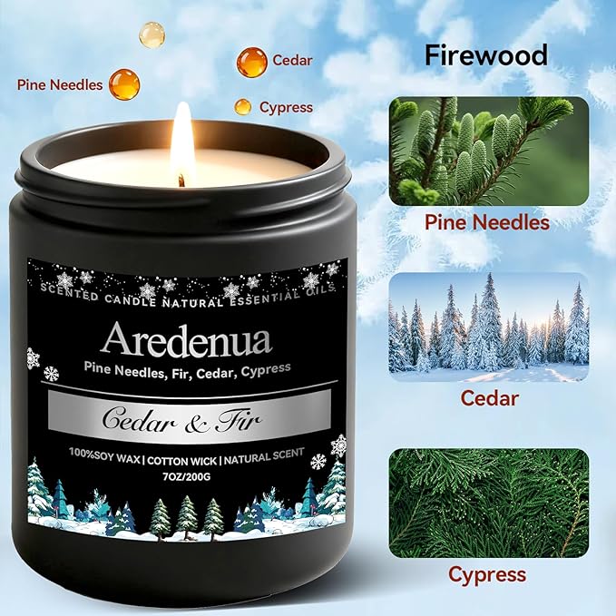Cedar & Fir Candle – Winter Candles | Holiday Scented Candles, 7oz Jar Soy Candle for Home Scented - 50H Burn - Evergreen Forest & Fresh Pine Scent, Christmas Gifts for Women & Men