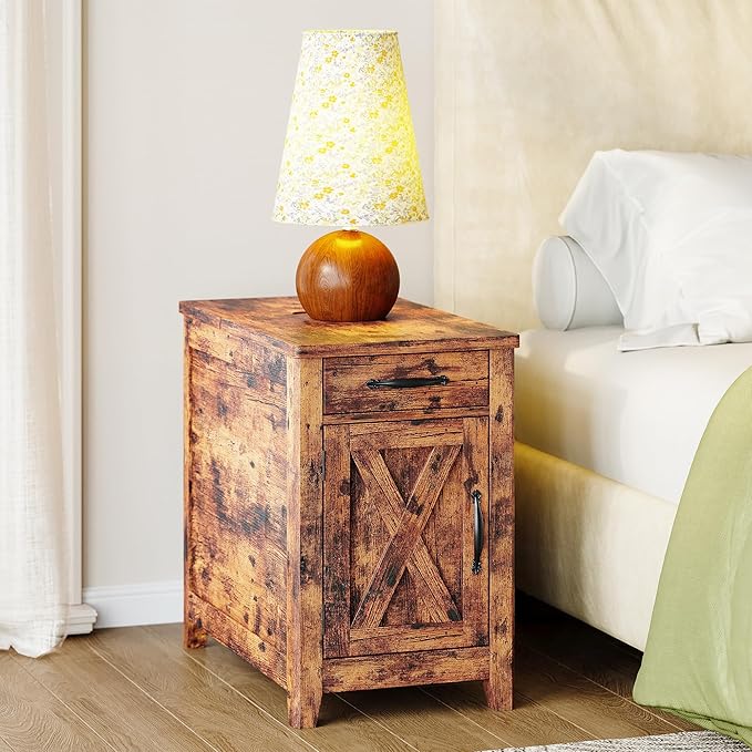 IRONCK End Table with Charging Station, Narrow Side Table for Living Room, Farmhouse Night Stand for Bedroom, Beside Table with Storage and Drawer for Home, Vintage Brown