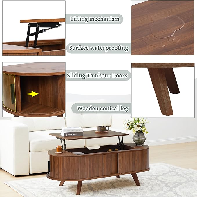 Small Lift Top Coffee Table with Sliding Tambour Door, 47.3" Mid Century Modern Curved Coffee Table with Storage, Oval Center Table with Lift Tabletop for Living Room (Doors, Walnut)