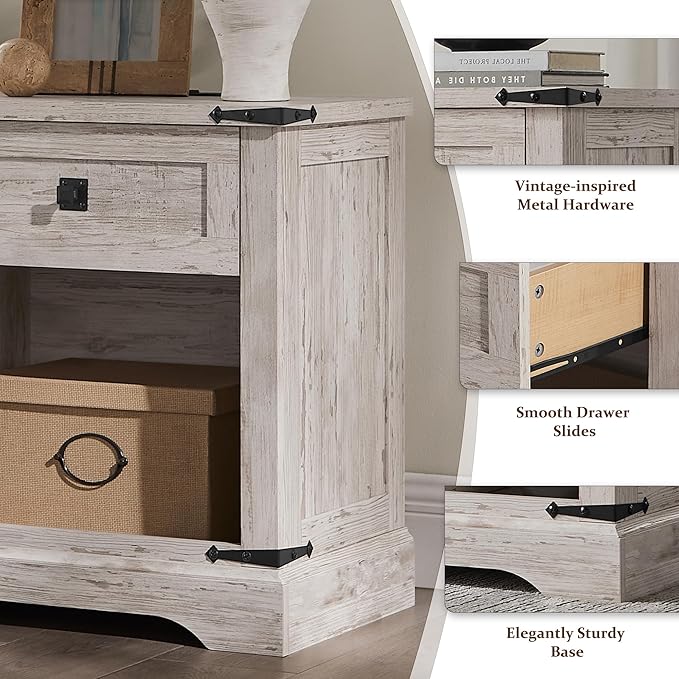 T4TREAM 24" Farmhouse Nightstand with Charging Station Set of 2, Large End Table with Drawer and Open Storage Cabinet, Rustic Wood Bedside Table Sofa Table for Bedroom, Antique Brush White