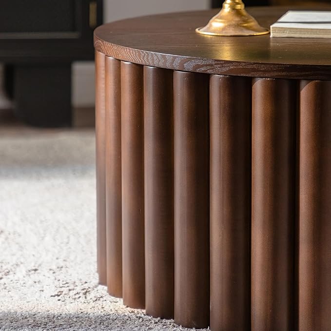 27.56" Round Lift-Top Coffee Table, Modern Fluted Tea Table with Hidden Storage for Living Room, Apartment or Office, Walnut