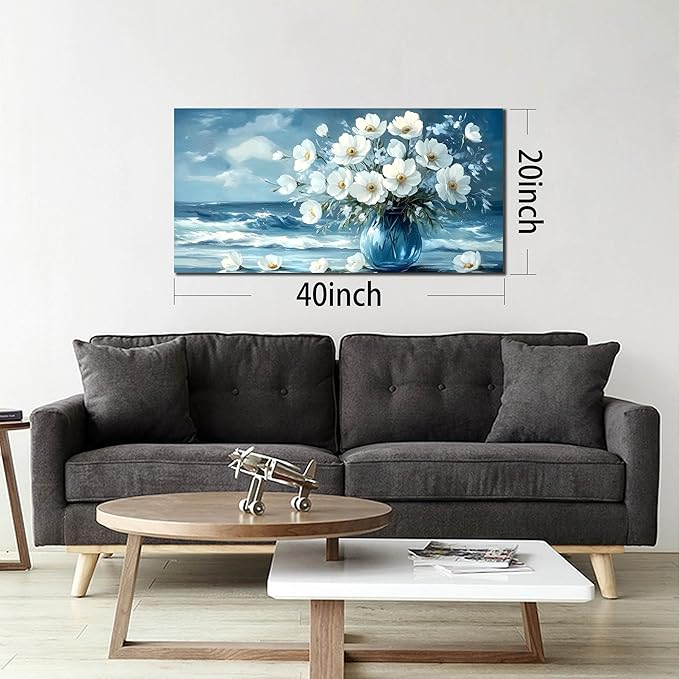 Flower Wall Art for Living Room, Ocean Canvas Wall-Decor for Bedroom, Blue and White Picture Print Artwork for Office, Size 40 x 20 Inches