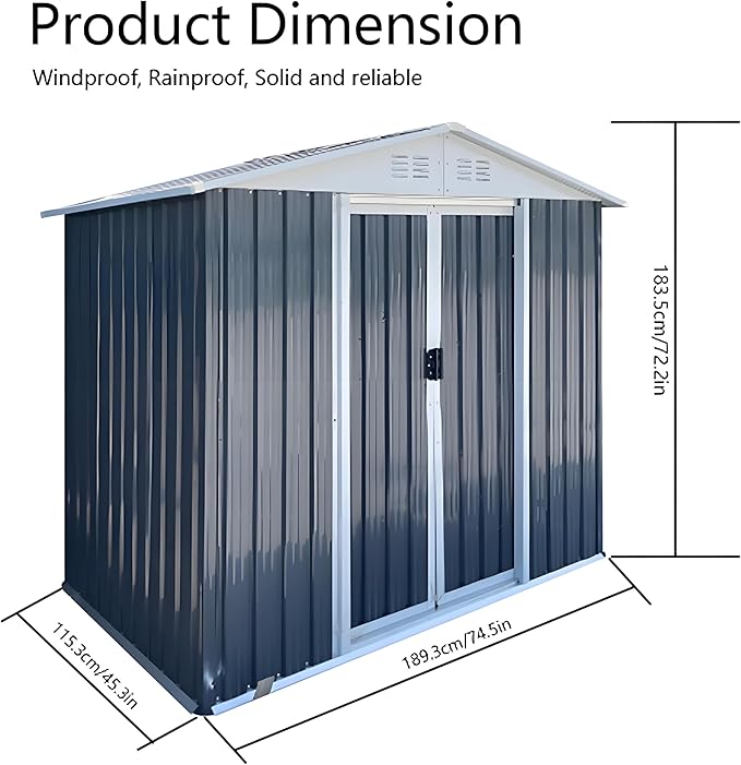 Outdoor Sheds 6FT x 4FT Outdoor Storage, Metal Anti-Corrosion Utility Tool House with Lockable Door & Shutter Vents,Outdoor Waterproof Garden Tool Metal Storage Sheds(Grey)