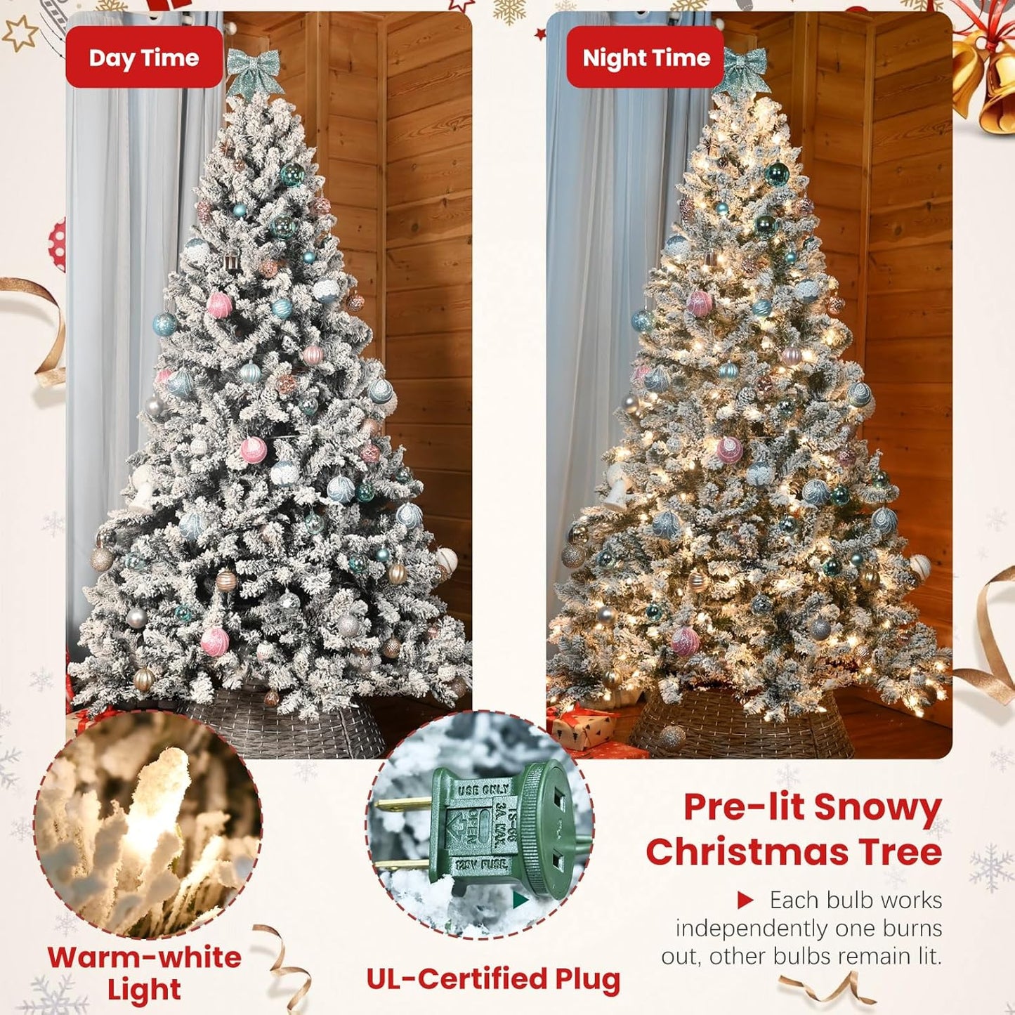 9 ft Prelit Flocked Christmas Tree with Pine Cones & 850 UL Lights, Snow Frosted Artificial Christmas Tree with Auto Hinged Stand for Holiday Decor
