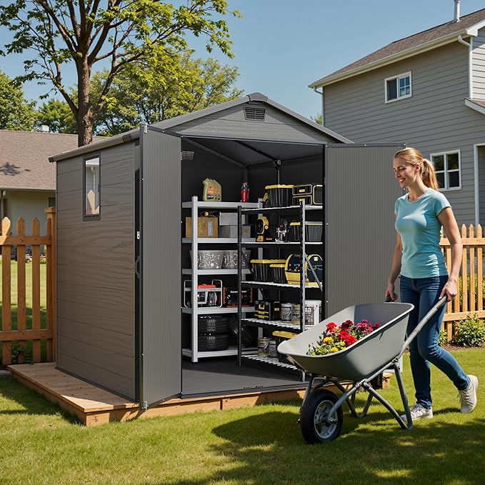 Greesum 6x6FT Plastic Storage Shed with Floor, Resin Outdoor Storaged Sheds with Lockable Double Door, Window and Vents, All-Weather Tool Sheds for Garden, Backyard, Patio, Dark Gray