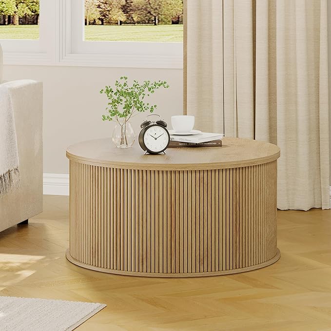 Lift Top Coffee Table, Fluted Round Coffee Table with Storage, Farmhouse Center Dining Table Circle Table for Living Room, Apartment, Home Office (Natural)