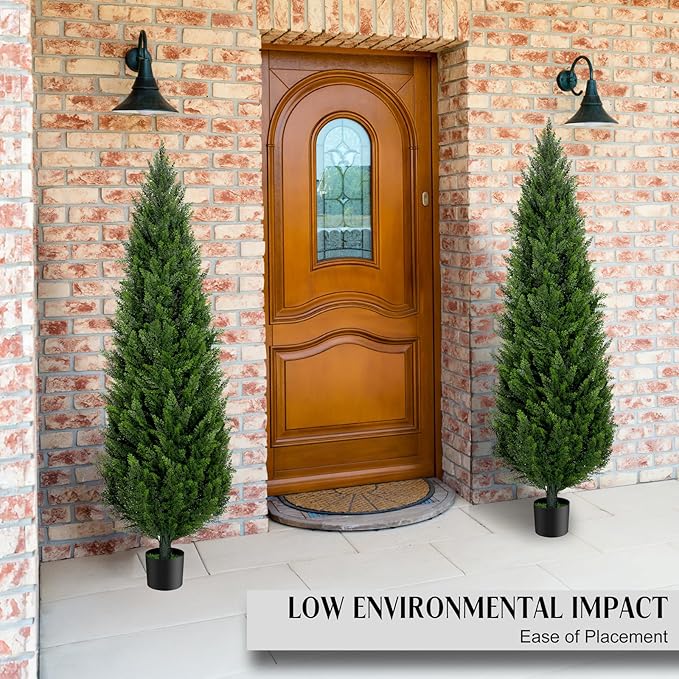 6FT Artificial Cedar Topiary Trees Set of 2,72 Inch Tall UV Protection Fake Cypress Trees for Outdoors, Realistic Potted Pine Plants for Patio, Porch, Home, Doorway Decor