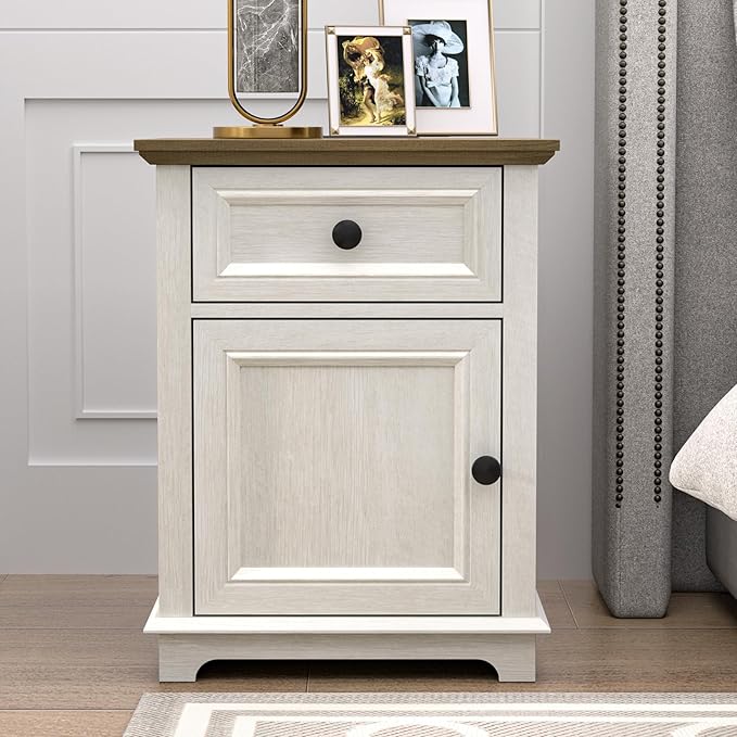 End Table with Fast-Charge Set of 2, Side Table with Drawer Storage and Adjustable Shelf, Charging Nightstand Set of 2, Wooden Side Table for Living Room/Bedroom/Office, White