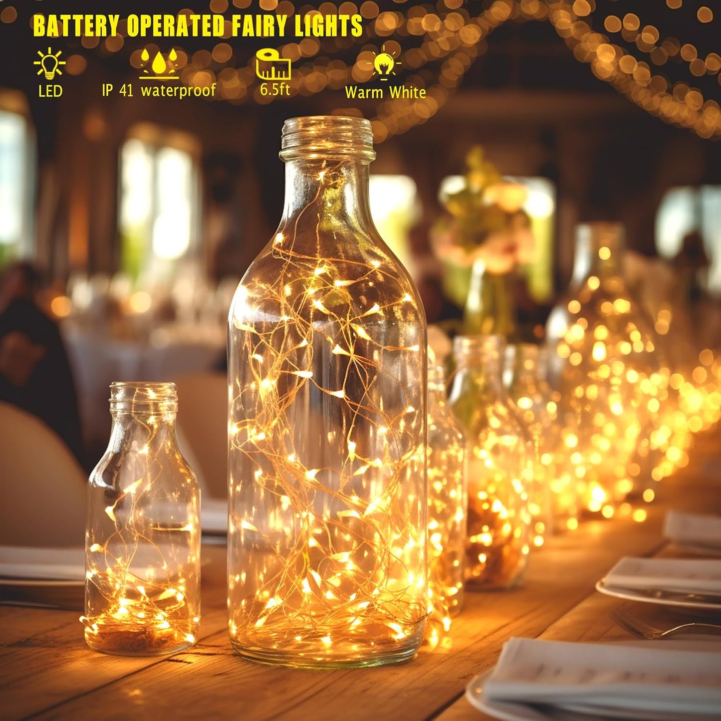 6 Pack Fairy Lights Battery Operated with Timer 2PCS Remote 6.5ft 20LED Warm White Twinkle Lights Waterproof Silver Wire Fireflies Lights DIY Mason Jar Wedding Party Christmas Centerpiece Table Deco