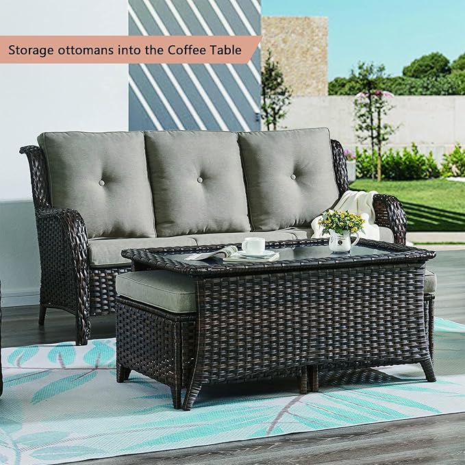 Rilyson Patio Tables Wicker Coffee Table - Outdoor Rattan Coffee Tables with Glass Top for Patio Proch Deck Balcony Rectangle Brown