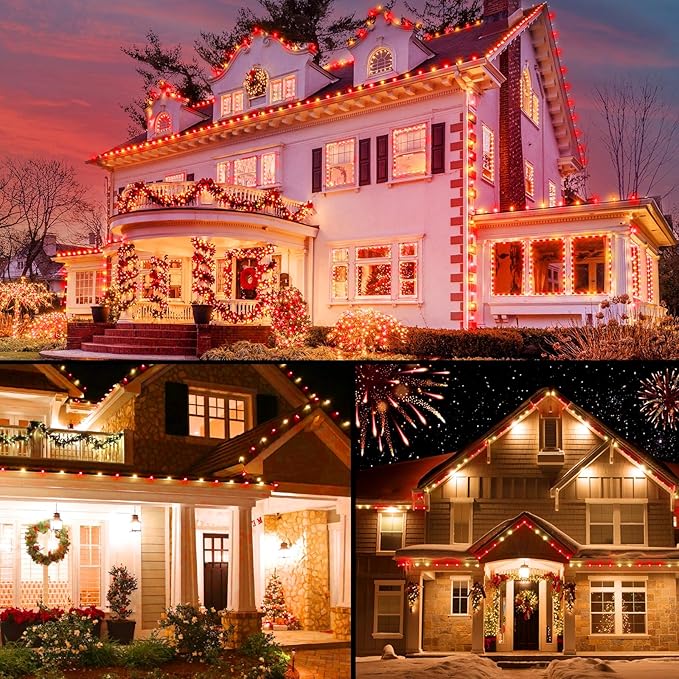 2PACK C9 LED Christmas Lights with 100 Spring Clips, Total 100ft 100 LED Waterproof Strawberry String Lights, Commercial Grade Extendable Perfect for Roofline Patio House Xmas Decor, Red & Warm White
