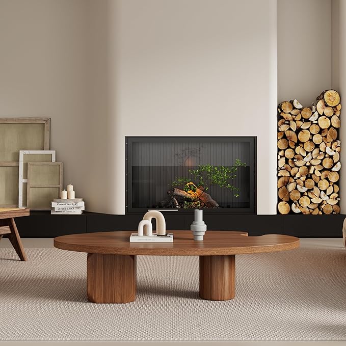Mid Century Modern Coffee Table for Living Room, 51.2" Oval Coffee Table with Unqiue Legs, Walnut Color Center Table for Living Room Table Tea Table for Home Office