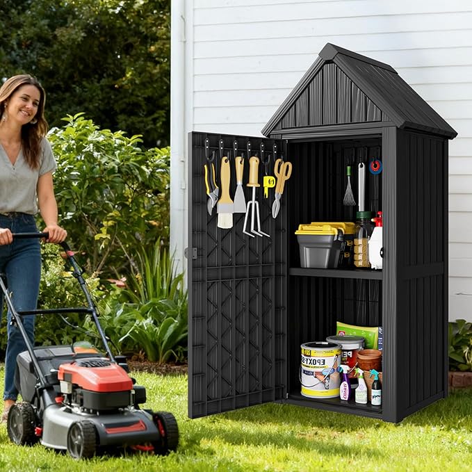 Outdoor Resin Storage Shed, Outdoor Storage Cabinet Waterproof with Hooks and Lock Ring, Multifunctional Storage Shed with Floor and Removable Shelves, All Weather Tool Shed for Patio, Lawn, Gray