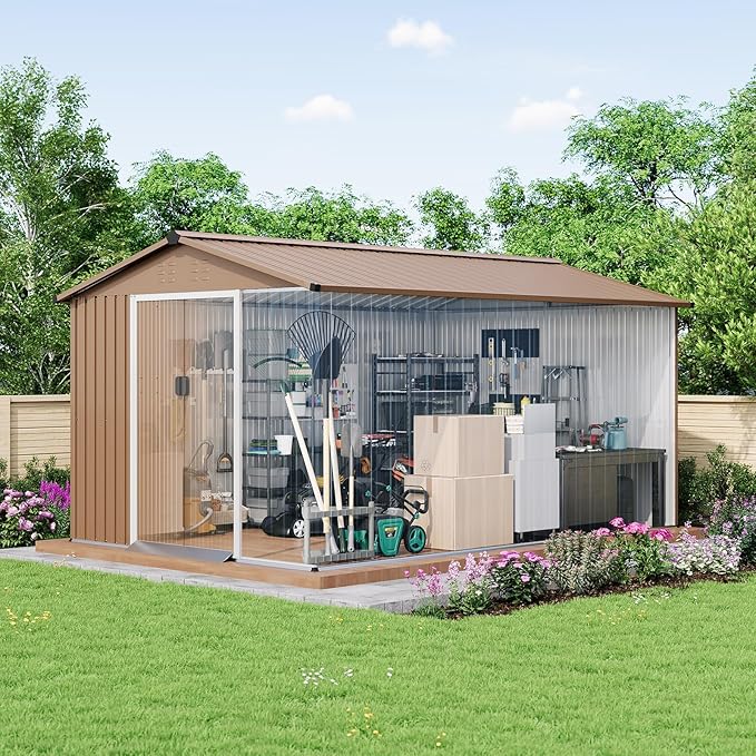 8X12 Ft Outdoor Metal Storage Shed with Roof, Weatherproof Steel Tool Shed with Lockable Door for Lawn Mower, Bike & Garden Equipment Storage