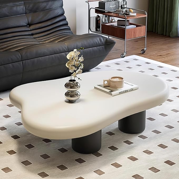 48 Inch Cloud Coffee Table, Modern Coffee Table for Living Room, Large Wood Coffee Side Table with Irregular Tabletop and 4 Sturdy Legs for Home Office Bedroom, White and Black