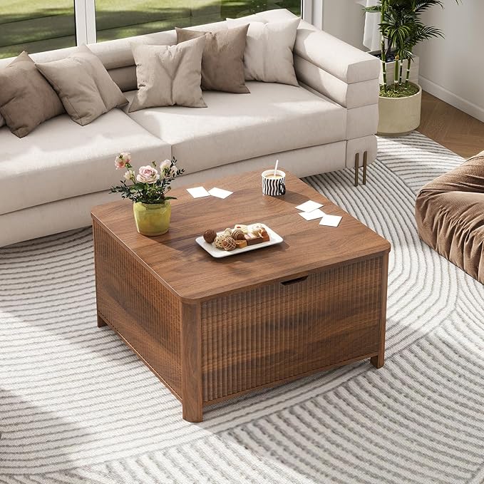 LYNCOHOME 31.5" Fluted Lift Top Coffee Table with Storage, Square Coffee Tables for Living Room, Coffee Table with Large Hidden Storage Compartment and Adjustable Shelves,Walnut