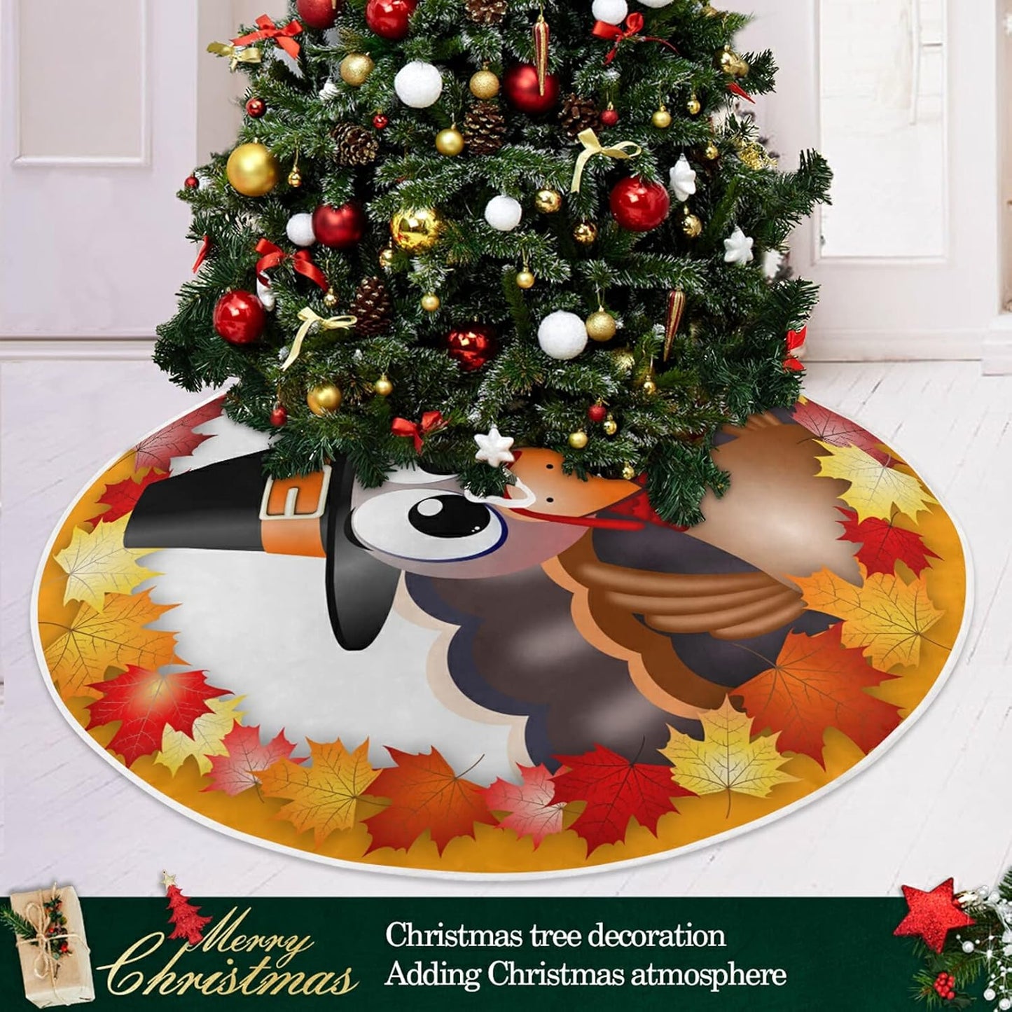 Thanksgiving Turkey Maple LeafTree Skirt, Seasonal Tree Mat Holiday Party Supplies Ornaments Indoor Outdoor Decorations for Tabletop Trees 35.4 Inches