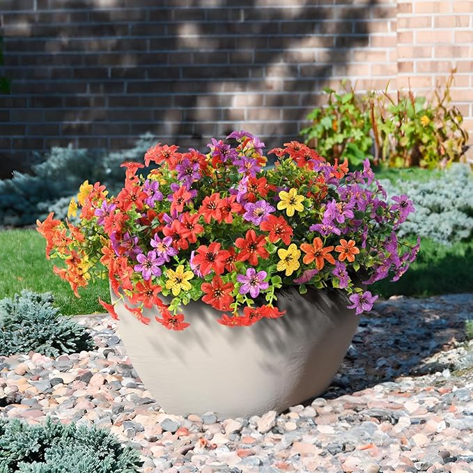 Homsunny Artificial Flowers for Outdoors Spring Home Decoration, 12 Bundles Realistic Faux Flower Daisy with Eucalyptus Stem UV Resistant Fake Plants for Patio Planter Porch Yard Window (4 Colors)