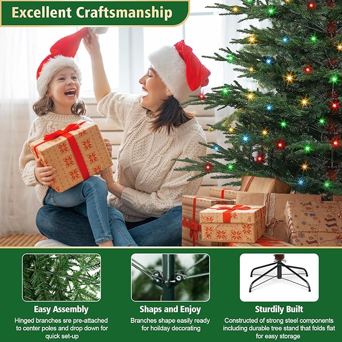 7 FT Pre-Lit Artificial Christmas Tree with 300 Dual-Color LEDs & Timer, 678 Realistic Branch Tips, Metal Stand for Holiday Home Christmas Decorations