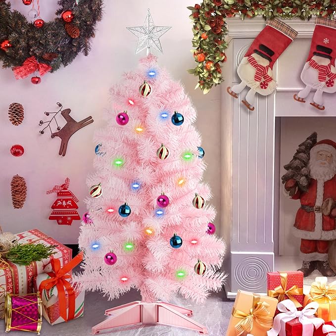 3 Ft Pink Christmas Tree with 12 Modes Timer 50 LED Four Color & Warm Lights DIY 15 Ball Ornaments 3D Star Artificial Xmas Tree for Indoor Home Holiday Party Decoration
