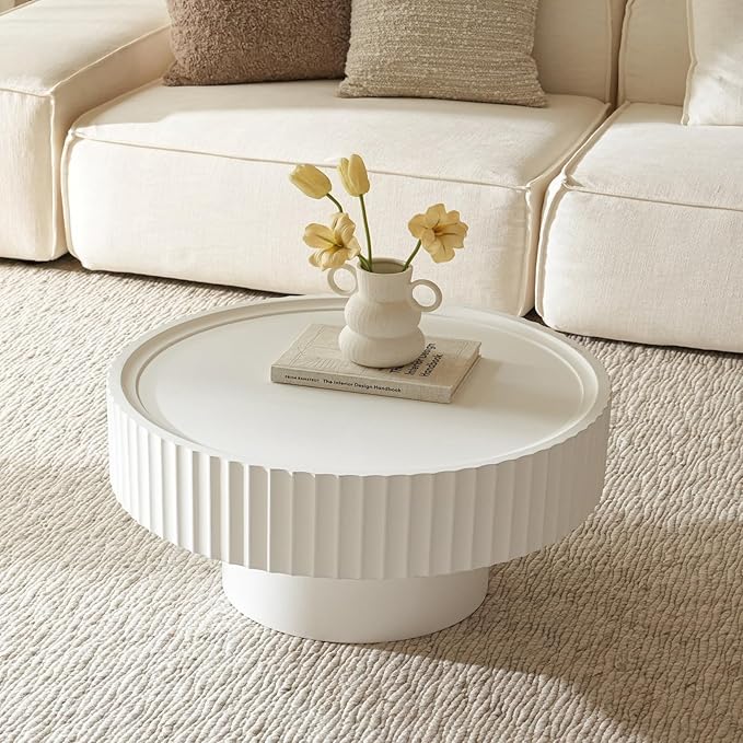 Round Coffee Table with Storage, 30.3” Fluted Drum Modern Living Room Table, Circle Wood White Center Tables, Accent Mushroom Shape Coffee Tables for Living Room, Apartment(30.3''L×13.7''H)
