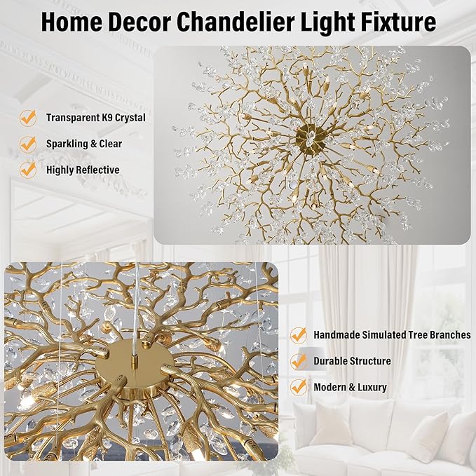 YUYI Modern Crystal Chandelier, 47" Gold Tree Branch Chandelier, 18-Light Round Raindrop Chandeliers for Dining Room, Living Room, Foyer, Entryway, Kitchen, Bedroom, Luxury K9 Crystal Light Fixture