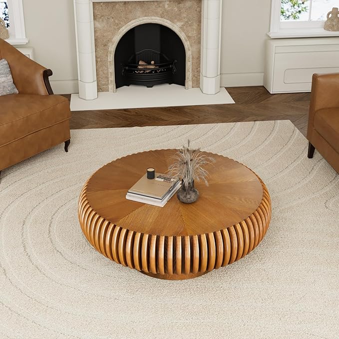 31.5" Drum Coffee Table Modern Unique Fluted Tea Table Contemporary Wood Round Coffee Table with Fluted Centry Table for Living Room Walnut (31.5" Brown)