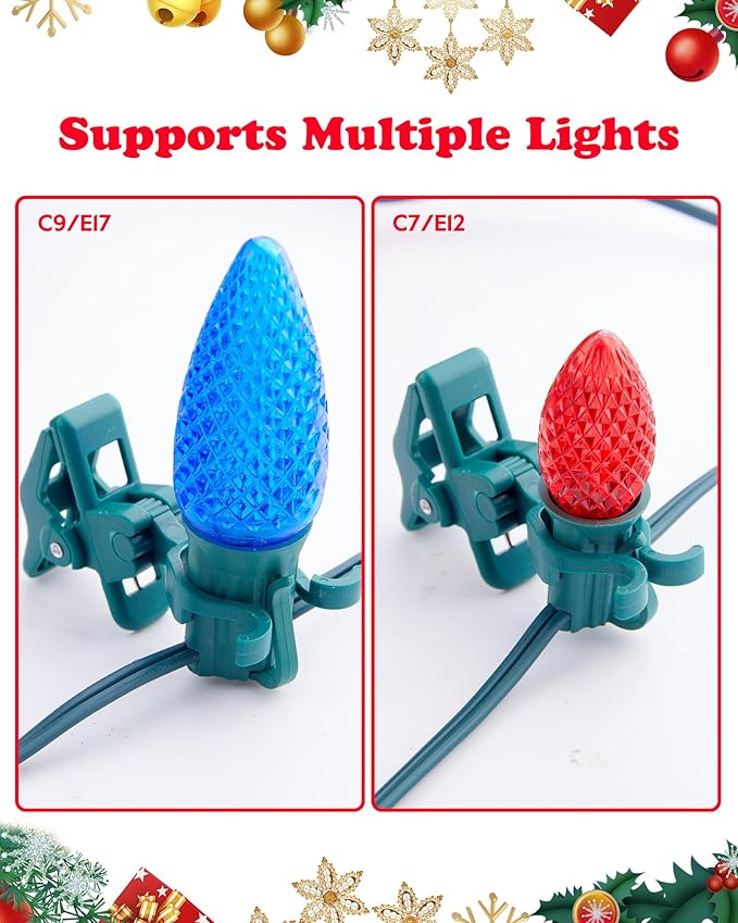Minetom C7 C9 Christmas Light Clips Outdoor, 100 Count Universal Quick Christmas Light Spring Clips for Outside Roof Gutter Shingle Fence E12 E17 Base