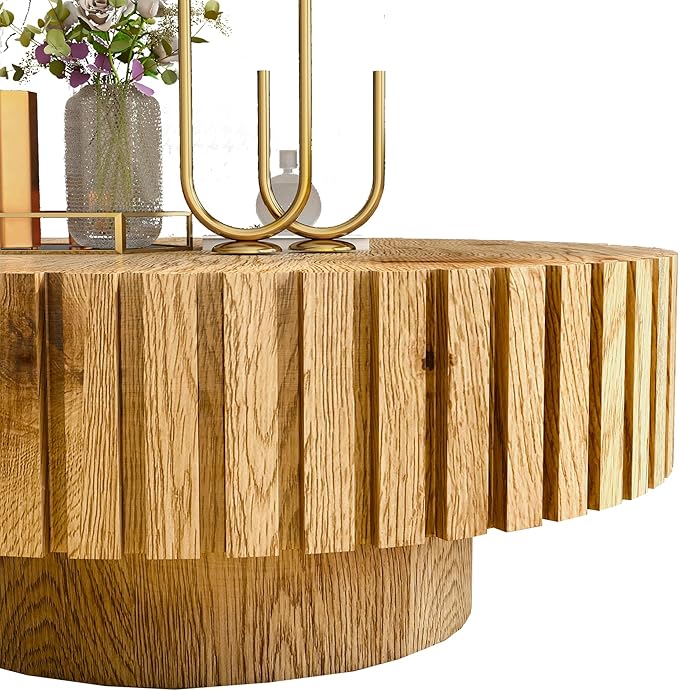 WILLIAMSPACE 31.4" Round Coffee Table for Living Room, Modern Wood Drum Center Table, Accent Side Tea Table for Apartment, Natural Wood Texture, Stable & Durable, Easy to Assemble - Natural
