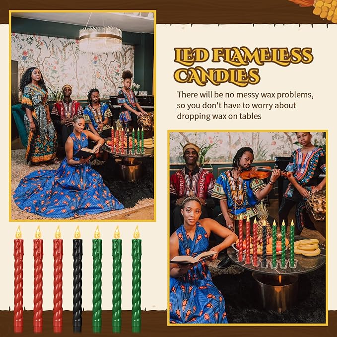 Riakrum 7 Pieces Kwanzaa Candles Set Kwanzaa Flameless Taper Candles Battery Operated for Church Celebration Decoration (9.65 Inches,Thread Style)