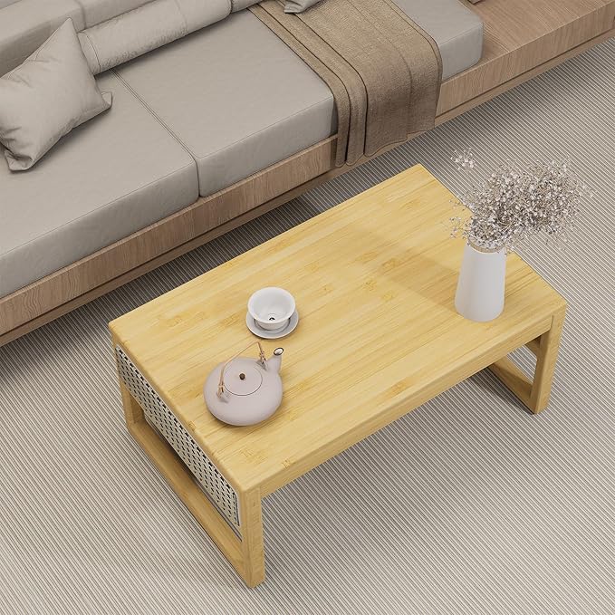 Japanese Floor Coffee Table,Bamboo Low Table for Sitting,Japanese TeaTable for Tatami Living Room Bay Window Meditatio(Wood Color)
