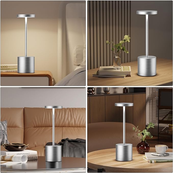Cordless Table Lamps Rechargeable - Outdoor Waterproof LED Table Light Portable 5000mAh Battery Operated Lamp 3 Color Stepless Dimming with Memory Function for Restaurant Dining Patio (Silver)