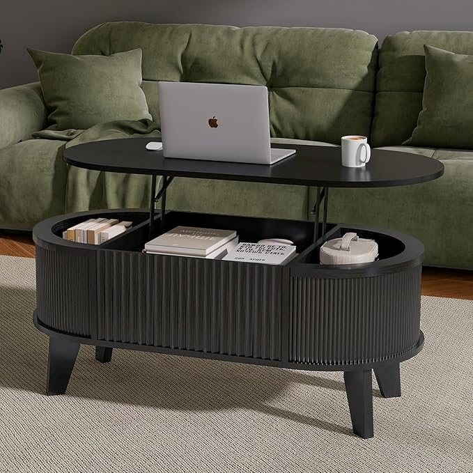 LYNCOHOME Fluted Lift Top Coffee Table with Storage,Modern Oval Coffee Table for Living Room or Home Office(Black)