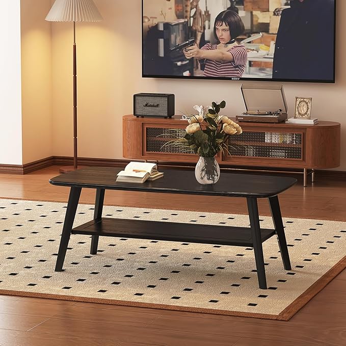 Coffee Table Small Solid Wood Center Table Mid Century Vintage Living Room Coffee Table, Black 47.24 Inch