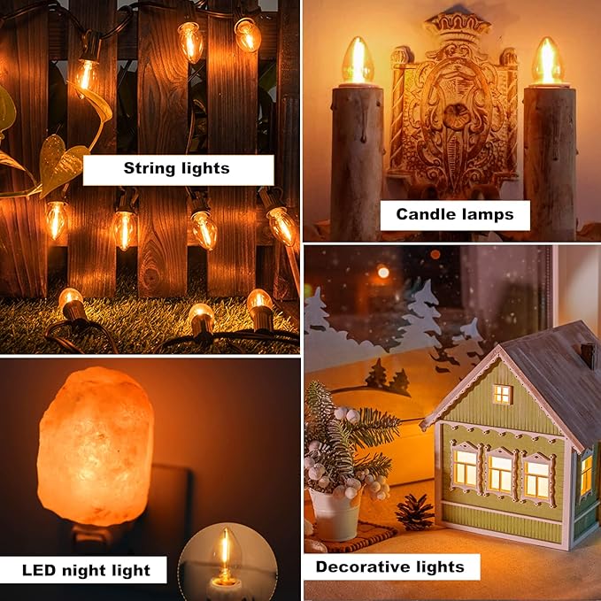 KGC 50Pack C7 LED Christmas Light Bulb, E12 Base LED Bulbs, 2200K Warm White 50LM, Clear Plastic Night Lights C7 Replacement Bulbs for Christmas String Lights.