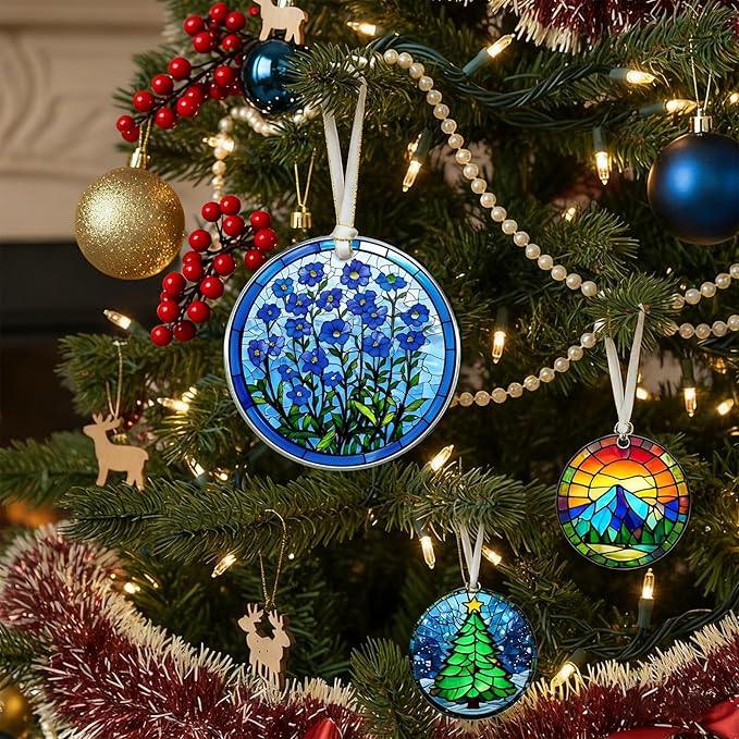 Forget Me Not Glass Suncatcher Window Hanging Ornament, Stained Glass Christmas Tree Decorations, Sympathy Gift for Loss of Loved One, Memorial Ornament for Window, Birthday Chirtsmas Gifts for Mom