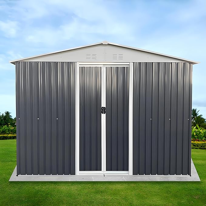 10FT x 8FT Outdoor Storage, Metal Anti-Corrosion Utility Tool House with Lockable Door & Shutter Vents,Outdoor Waterproof Garden Tool Storage Sheds(with 4 Transparent Window)