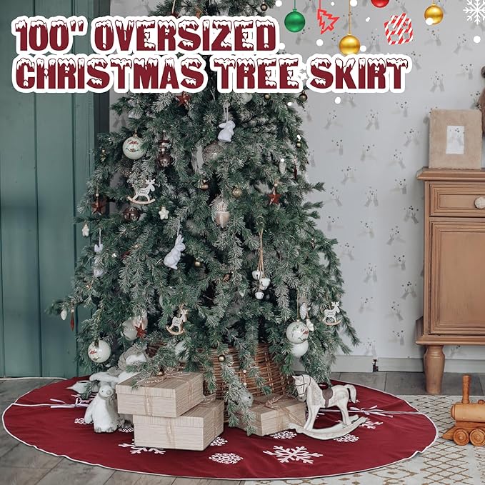 100 Inch Large Christmas Tree Skirt, Burlap Tree Skirt White Snowflake Xmas Mat for Christmas Home Farmhouse Holiday Indoor Outdoor Decoration