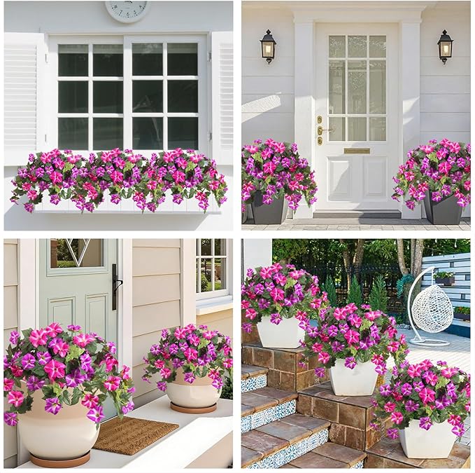 Artificial Fake Flowers Plants for Outdoors Decoration 2PCS No Fade Faux Petunias UV Resistant Realistic Silk Flowers for Home Garden Balcony Yard Porch Deco (Fuchsia)