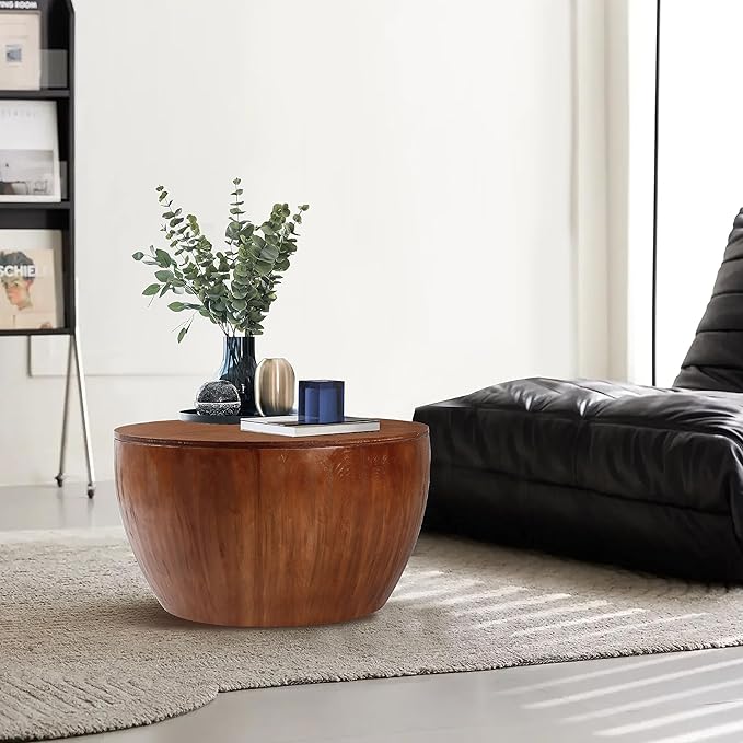 31.50" Vintage Style Bucket Shaped Coffee Table, Drum Coffee Table for Office, Dining Room and Living Room, Brown