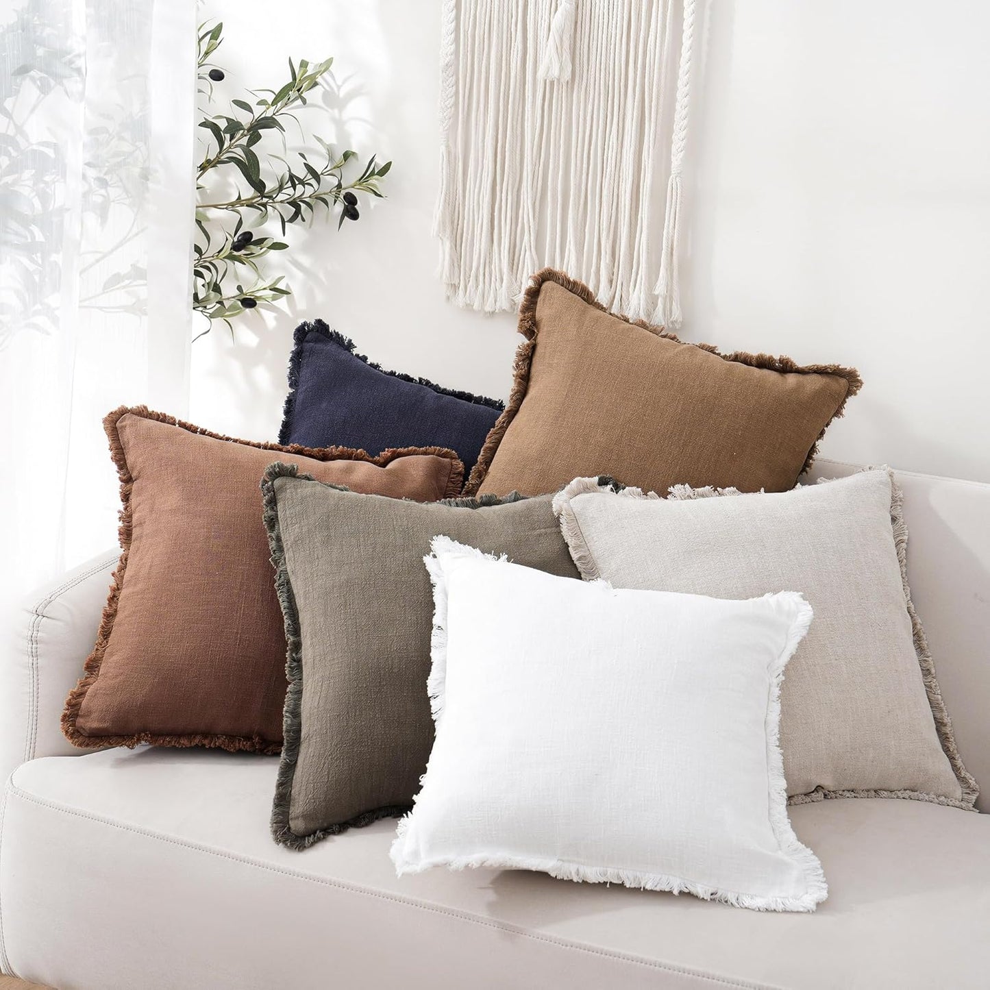 Foindtower Set of 2 Decorative Linen Fringe Throw Pillow Covers Cozy Boho Farmhouse Cushion Cover with Tassels Soft Accent Pillowcase for Couch Sofa Bed Living Room Home Decor,18×18 Inch,Khaki Brown