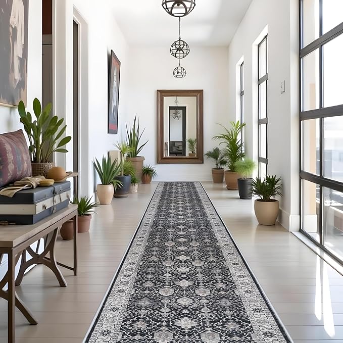 Hallway Washable Runner Rug - 3x16 Kitchen Rugs Entryway Rug Runner Vintage Soft Floor Mat Non Slip Indoor Farmhouse Carpet for Bathroom Living Room Bedroom (3 X 16, Black)