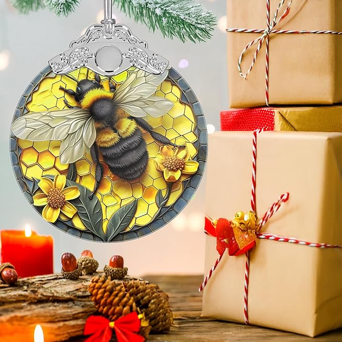 Christmas Decorations Ornaments, Stained Glass Ornament, Christmas Tree Ornaments, 2025 Gift Ornament, Xmas Gift for Friend Family Coworker - Bee and Honeycomb