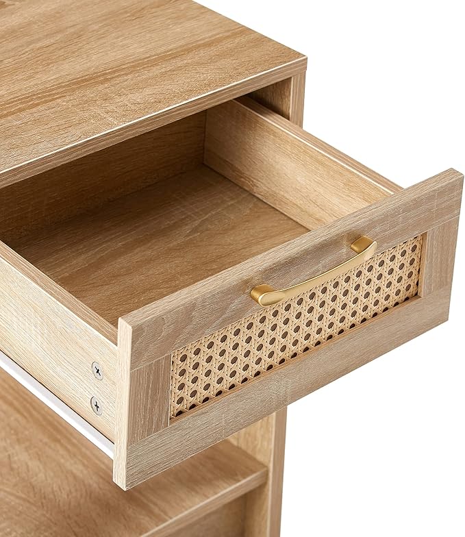 Rattan Nightstand - Wooden Boho End Table with Storage Drawer and Opening Shelf, Bedside Tables Bed Side Table Accent Table for Living Room, Bedroom Small Space