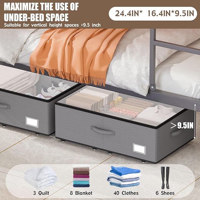 Under Bed Storage with Wheels, No Assemble Required 10 inches height Under Bed Storage bins,Large capacity Rolling Under bed Shoe Storage containers,dorm under bed storage drawers