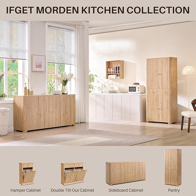 71" Tall Kitchen Pantry, Modern Curved Pantry Storage Cabinet with 4 Doors and 6 Adjustable Shelves, Cupboard for Kitchen, Dining Room, Living Room and Bathroom, Natural