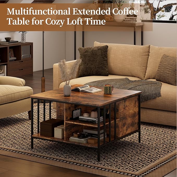 AQY 32.4" Lift Top Coffee Table with Storage, Square Coffee Tables for Living Room, Modern Farmhouse Heavy Duty Coffee Table with Large Hidden Compartment and Storage Shelves,Assembly Required