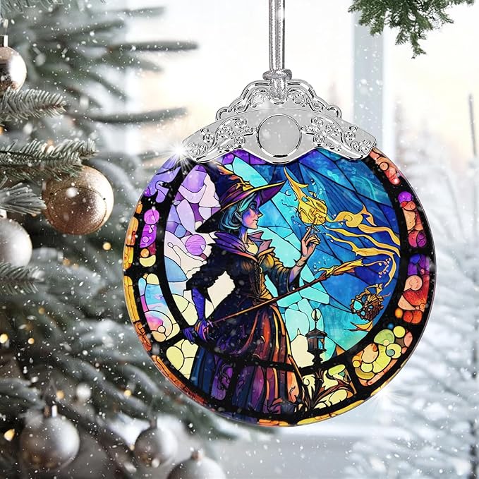 2025 Ornaments for Christmas Tree, Zmoicky Stained Glass Hanging Ornament, Christmas Ornaments Clearance, Gift Exchange Ornament, Bauble Present - Magic Witch