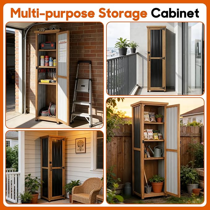 Outdoor Storage Cabinet, Wood & Metal Storage Shed with Weatherproof Roof, 3 Removable Shelves, Lockable Door, Adjustable Feet, Outside Storage Cabinet for Garage, Patio, Backyard