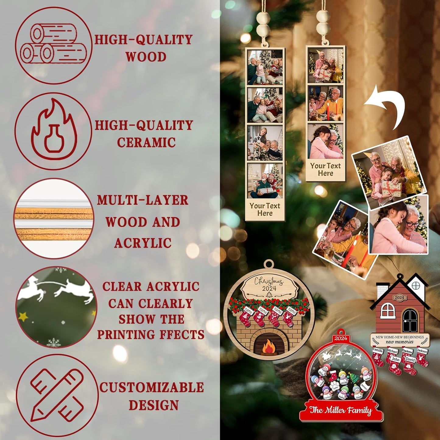 Personalized Deer Christmas Ornaments with Names of 2/3/4/5/6/7/8 Custom Reindeer Family Ornament Customized Xmas Tree Hanging Ceramic Decoration Gift
